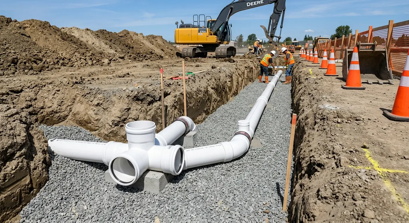 New PVC sewer pipe installation in open trench for Sewer Backup in Burlington