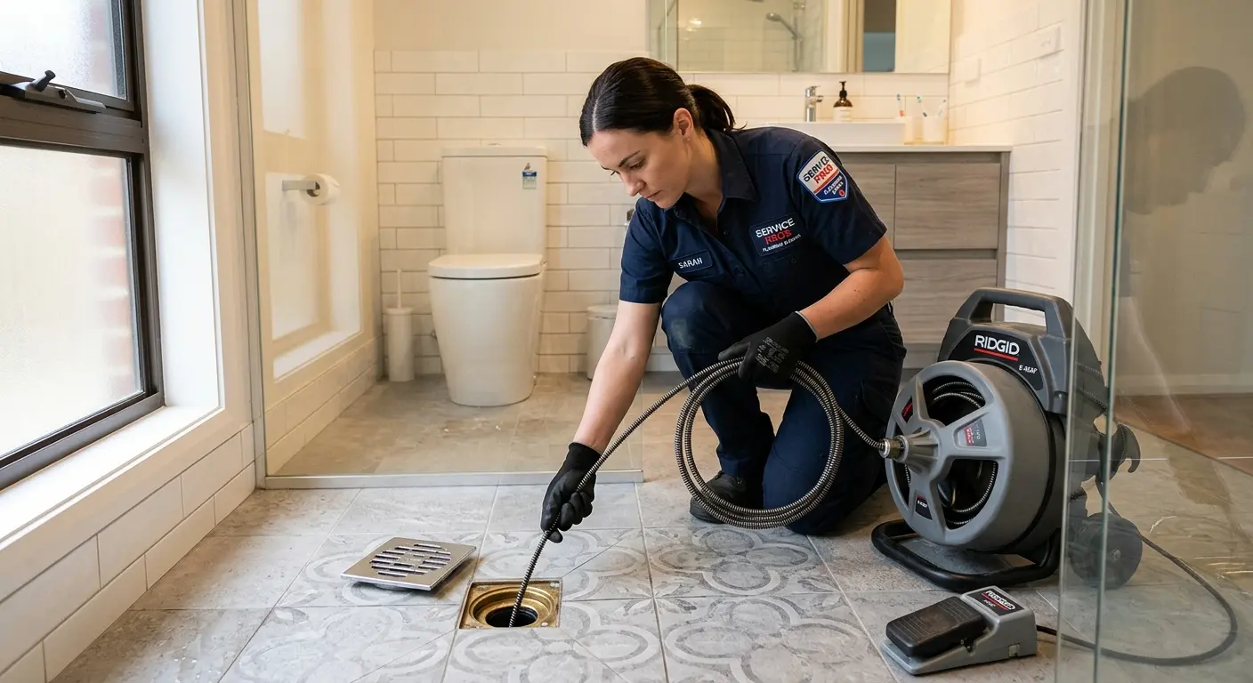 Technician clearing a bathroom floor drain for Drain Cleaning in Burlington